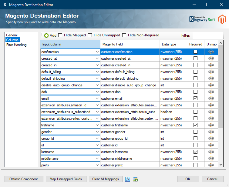 Magento Destination Editor - Columns Page